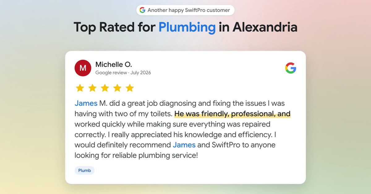 A five-star Google review of SwiftPro toilet repair in Alexandria on screen, then the review tally across Google, Angi, Yelp, the BBB and Facebook.