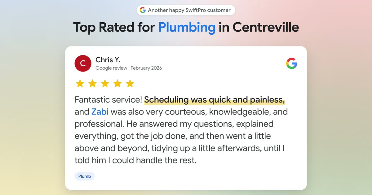 A five-star Google review of SwiftPro plumbing in Centreville on screen, then the review tally across Google, Angi, Yelp, the BBB and Facebook.
